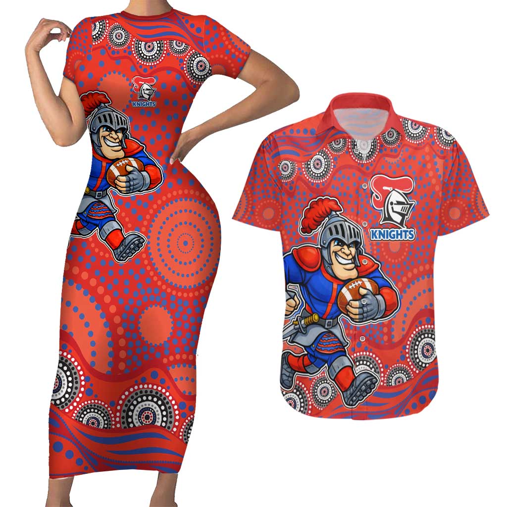 Newcastle Knights Couples Matching Short Sleeve Bodycon Dress and Hawaiian Shirt Aboriginal Dot Pattern - Rugby Mascot Heritage Pride