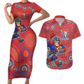 Newcastle Knights Couples Matching Short Sleeve Bodycon Dress and Hawaiian Shirt Aboriginal Dot Pattern - Rugby Mascot Heritage Pride