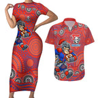 Newcastle Knights Couples Matching Short Sleeve Bodycon Dress and Hawaiian Shirt Aboriginal Dot Pattern - Rugby Mascot Heritage Pride
