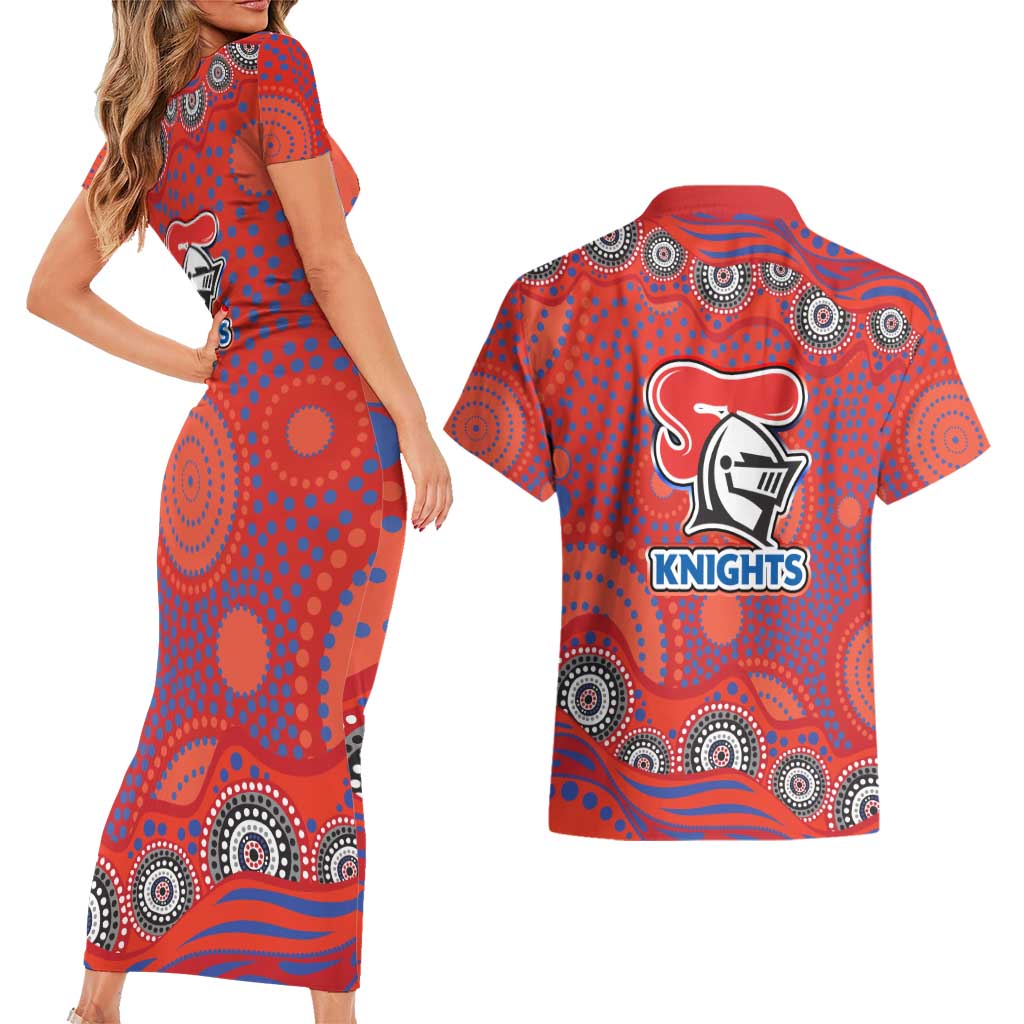 Newcastle Knights Couples Matching Short Sleeve Bodycon Dress and Hawaiian Shirt Aboriginal Dot Pattern - Rugby Mascot Heritage Pride