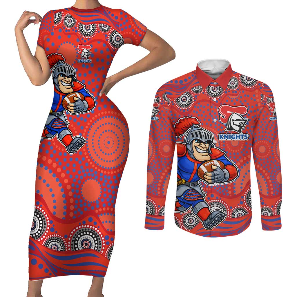Newcastle Knights Couples Matching Short Sleeve Bodycon Dress and Long Sleeve Button Shirt Aboriginal Dot Pattern - Rugby Mascot Heritage Pride