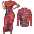 Newcastle Knights Couples Matching Short Sleeve Bodycon Dress and Long Sleeve Button Shirt Aboriginal Dot Pattern - Rugby Mascot Heritage Pride