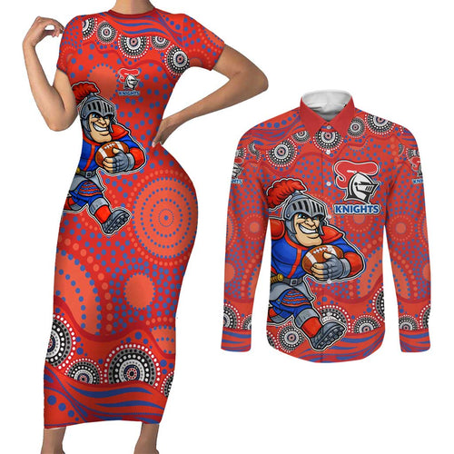 Newcastle Knights Couples Matching Short Sleeve Bodycon Dress and Long Sleeve Button Shirt Aboriginal Dot Pattern - Rugby Mascot Heritage Pride