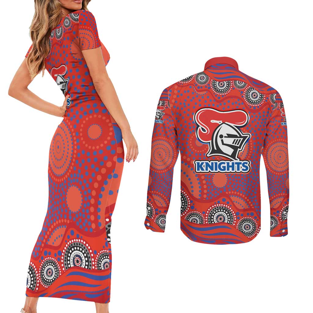 Newcastle Knights Couples Matching Short Sleeve Bodycon Dress and Long Sleeve Button Shirt Aboriginal Dot Pattern - Rugby Mascot Heritage Pride