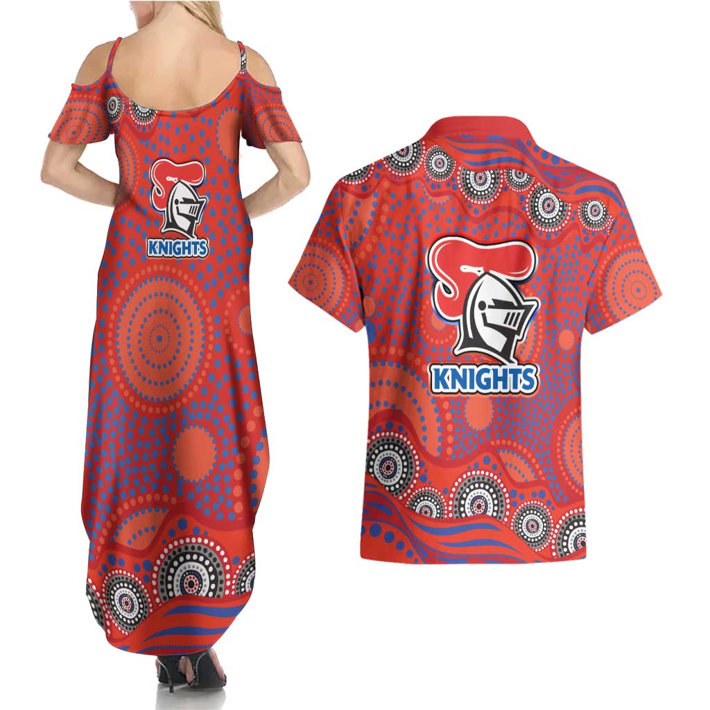 Newcastle Knights Couples Matching Summer Maxi Dress and Hawaiian Shirt Aboriginal Dot Pattern - Rugby Mascot Heritage Pride