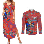 Newcastle Knights Couples Matching Summer Maxi Dress and Long Sleeve Button Shirt Aboriginal Dot Pattern - Rugby Mascot Heritage Pride