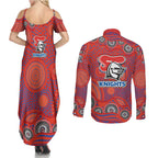 Newcastle Knights Couples Matching Summer Maxi Dress and Long Sleeve Button Shirt Aboriginal Dot Pattern - Rugby Mascot Heritage Pride