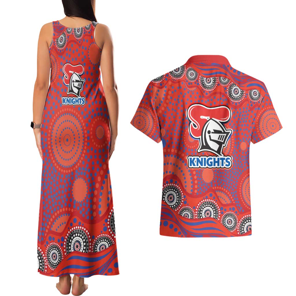 Newcastle Knights Couples Matching Tank Maxi Dress and Hawaiian Shirt Aboriginal Dot Pattern - Rugby Mascot Heritage Pride