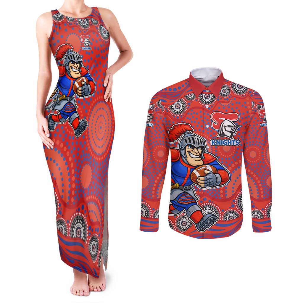 Newcastle Knights Couples Matching Tank Maxi Dress and Long Sleeve Button Shirt Aboriginal Dot Pattern - Rugby Mascot Heritage Pride