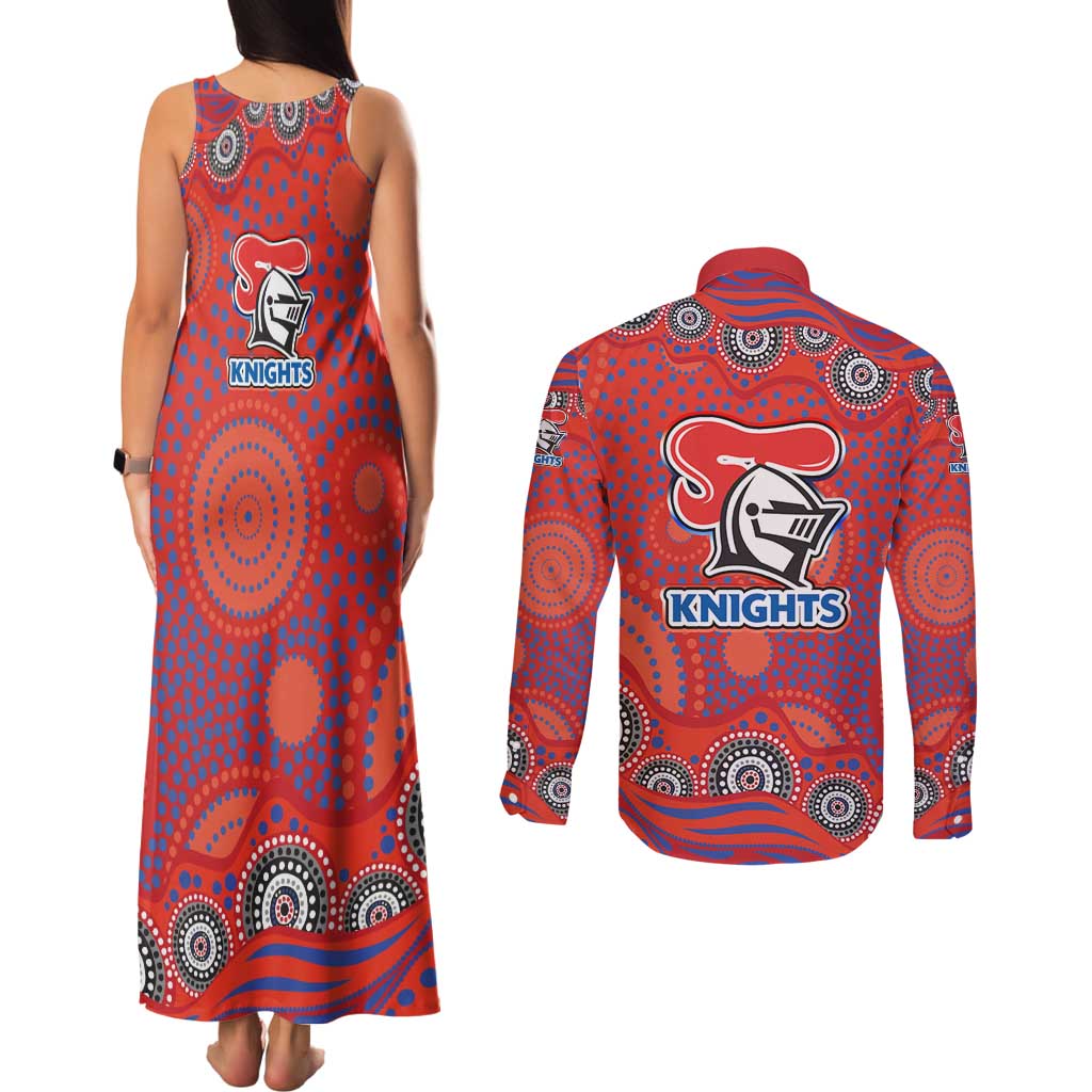 Newcastle Knights Couples Matching Tank Maxi Dress and Long Sleeve Button Shirt Aboriginal Dot Pattern - Rugby Mascot Heritage Pride
