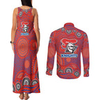 Newcastle Knights Couples Matching Tank Maxi Dress and Long Sleeve Button Shirt Aboriginal Dot Pattern - Rugby Mascot Heritage Pride