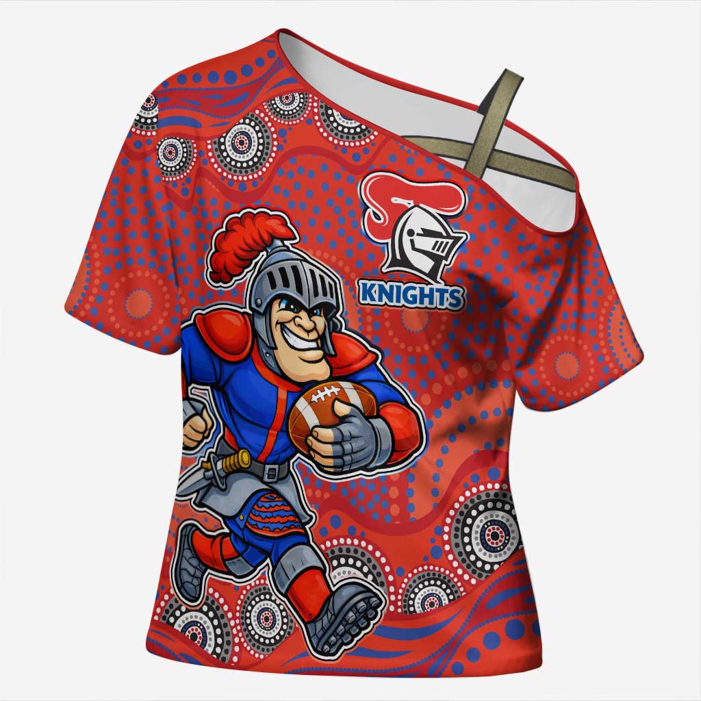 Newcastle Knights Cross Shoulder Shirt Aboriginal Dot Pattern - Rugby Mascot Heritage Pride