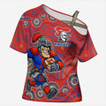 Newcastle Knights Cross Shoulder Shirt Aboriginal Dot Pattern - Rugby Mascot Heritage Pride