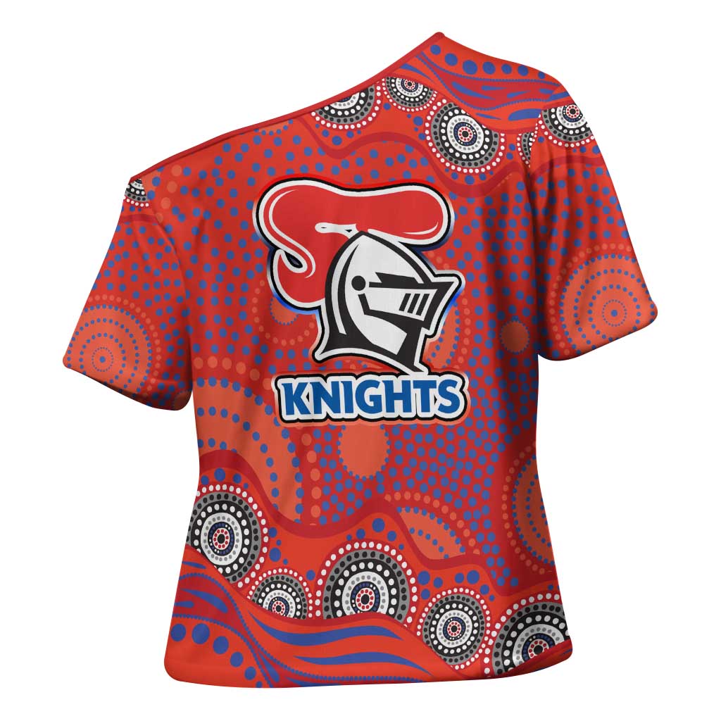 Newcastle Knights Cross Shoulder Shirt Aboriginal Dot Pattern - Rugby Mascot Heritage Pride