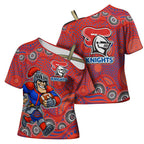 Newcastle Knights Cross Shoulder Shirt Aboriginal Dot Pattern - Rugby Mascot Heritage Pride