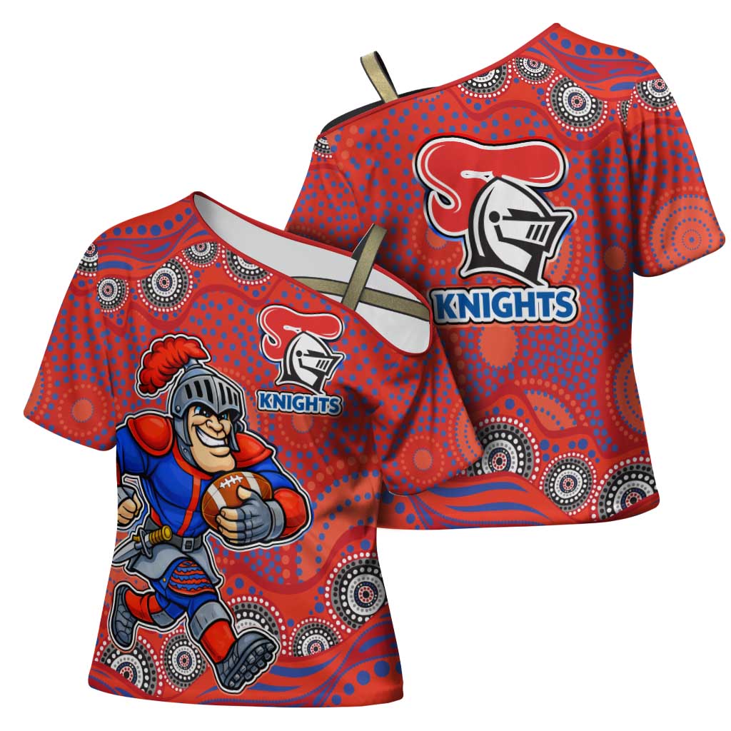 Newcastle Knights Cross Shoulder Shirt Aboriginal Dot Pattern - Rugby Mascot Heritage Pride