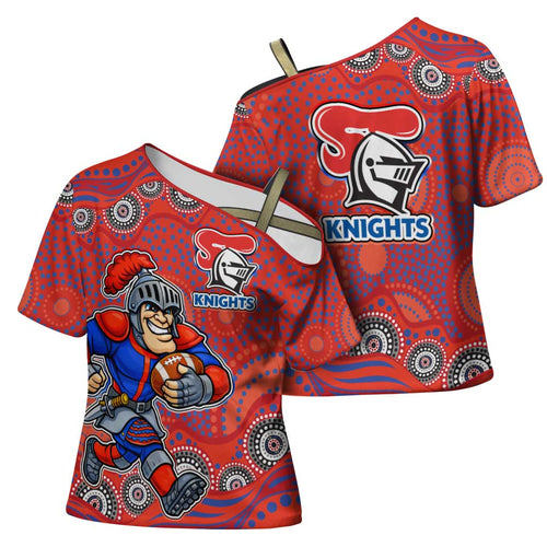 Newcastle Knights Cross Shoulder Shirt Aboriginal Dot Pattern - Rugby Mascot Heritage Pride