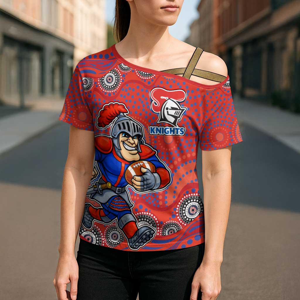 Newcastle Knights Cross Shoulder Shirt Aboriginal Dot Pattern - Rugby Mascot Heritage Pride