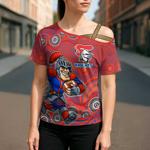 Newcastle Knights Cross Shoulder Shirt Aboriginal Dot Pattern - Rugby Mascot Heritage Pride