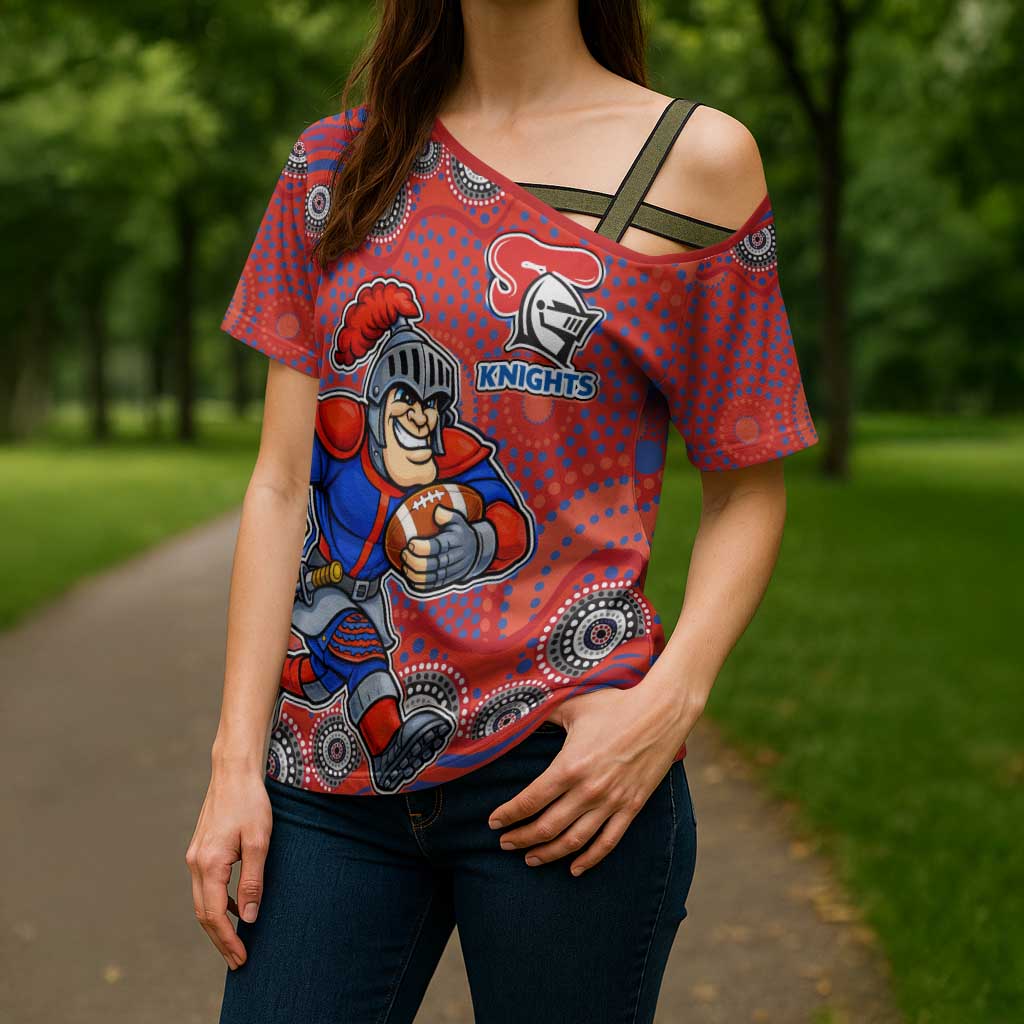 Newcastle Knights Cross Shoulder Shirt Aboriginal Dot Pattern - Rugby Mascot Heritage Pride