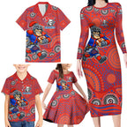 Newcastle Knights Family Matching Long Sleeve Bodycon Dress and Hawaiian Shirt Aboriginal Dot Pattern - Rugby Mascot Heritage Pride