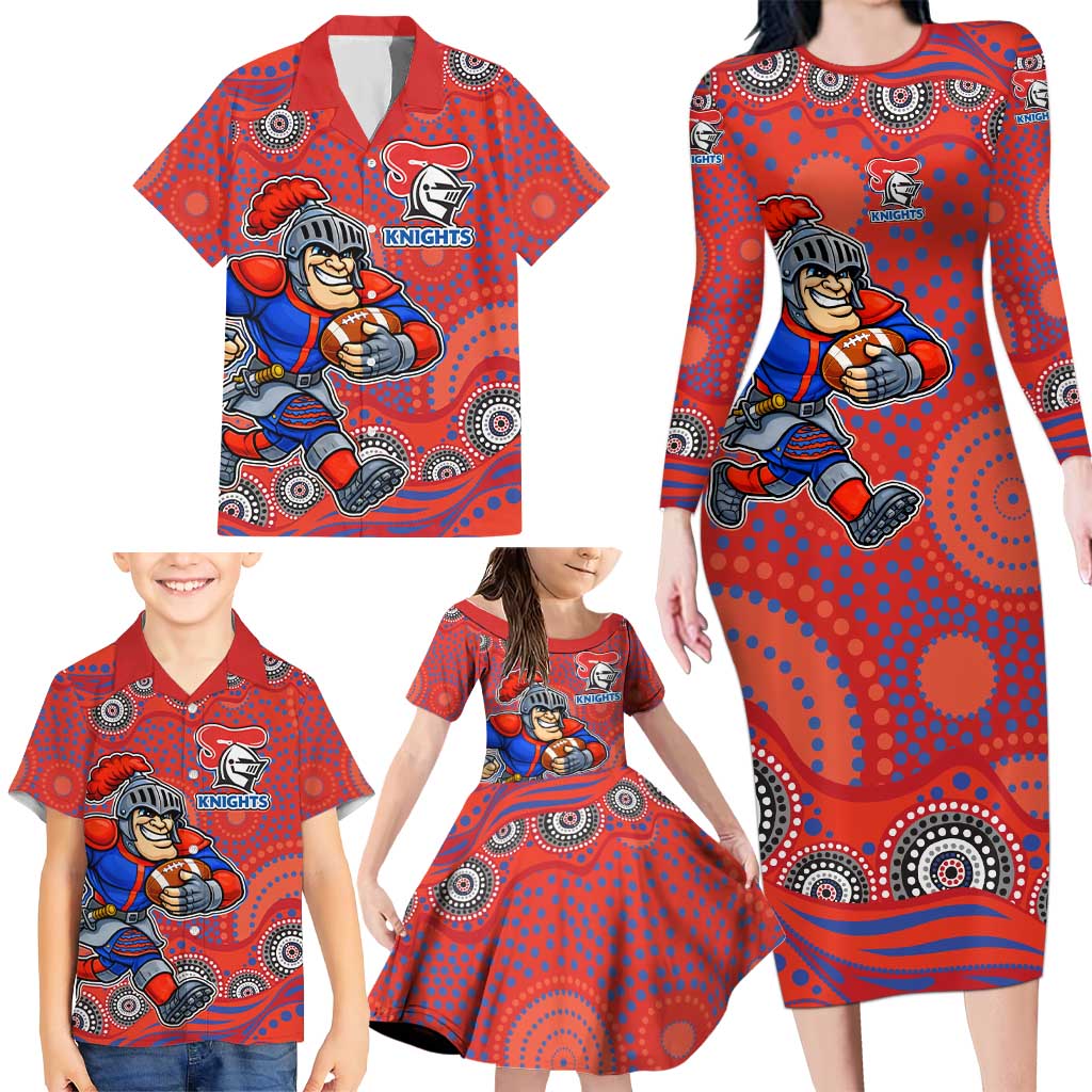 Newcastle Knights Family Matching Long Sleeve Bodycon Dress and Hawaiian Shirt Aboriginal Dot Pattern - Rugby Mascot Heritage Pride