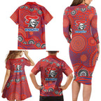 Newcastle Knights Family Matching Long Sleeve Bodycon Dress and Hawaiian Shirt Aboriginal Dot Pattern - Rugby Mascot Heritage Pride