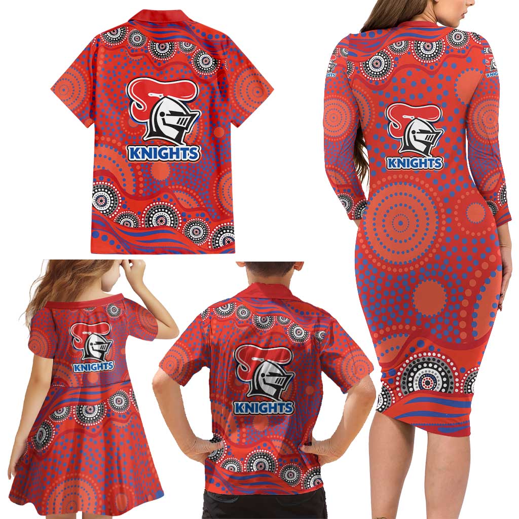 Newcastle Knights Family Matching Long Sleeve Bodycon Dress and Hawaiian Shirt Aboriginal Dot Pattern - Rugby Mascot Heritage Pride