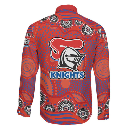 Newcastle Knights Family Matching Long Sleeve Bodycon Dress and Hawaiian Shirt Aboriginal Dot Pattern - Rugby Mascot Heritage Pride