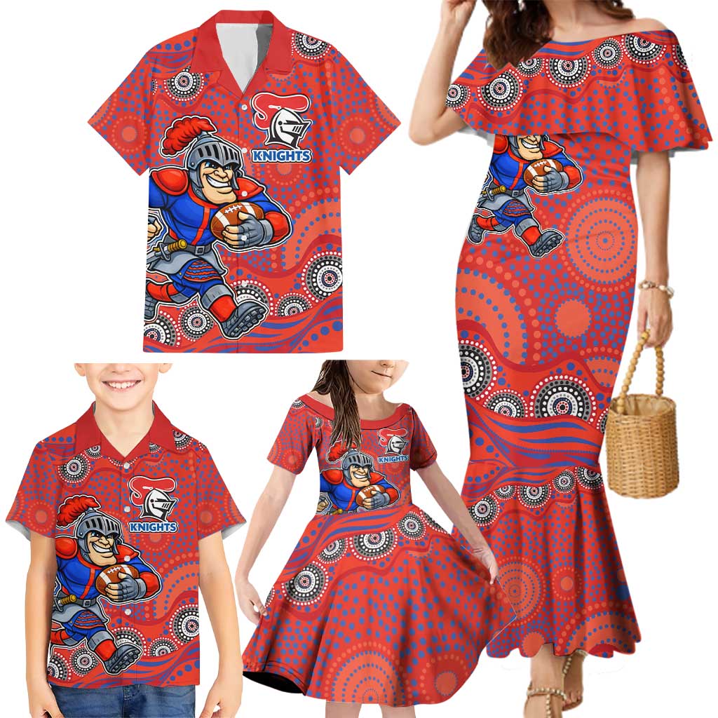 Newcastle Knights Family Matching Mermaid Dress and Hawaiian Shirt Aboriginal Dot Pattern - Rugby Mascot Heritage Pride
