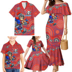 Newcastle Knights Family Matching Mermaid Dress and Hawaiian Shirt Aboriginal Dot Pattern - Rugby Mascot Heritage Pride