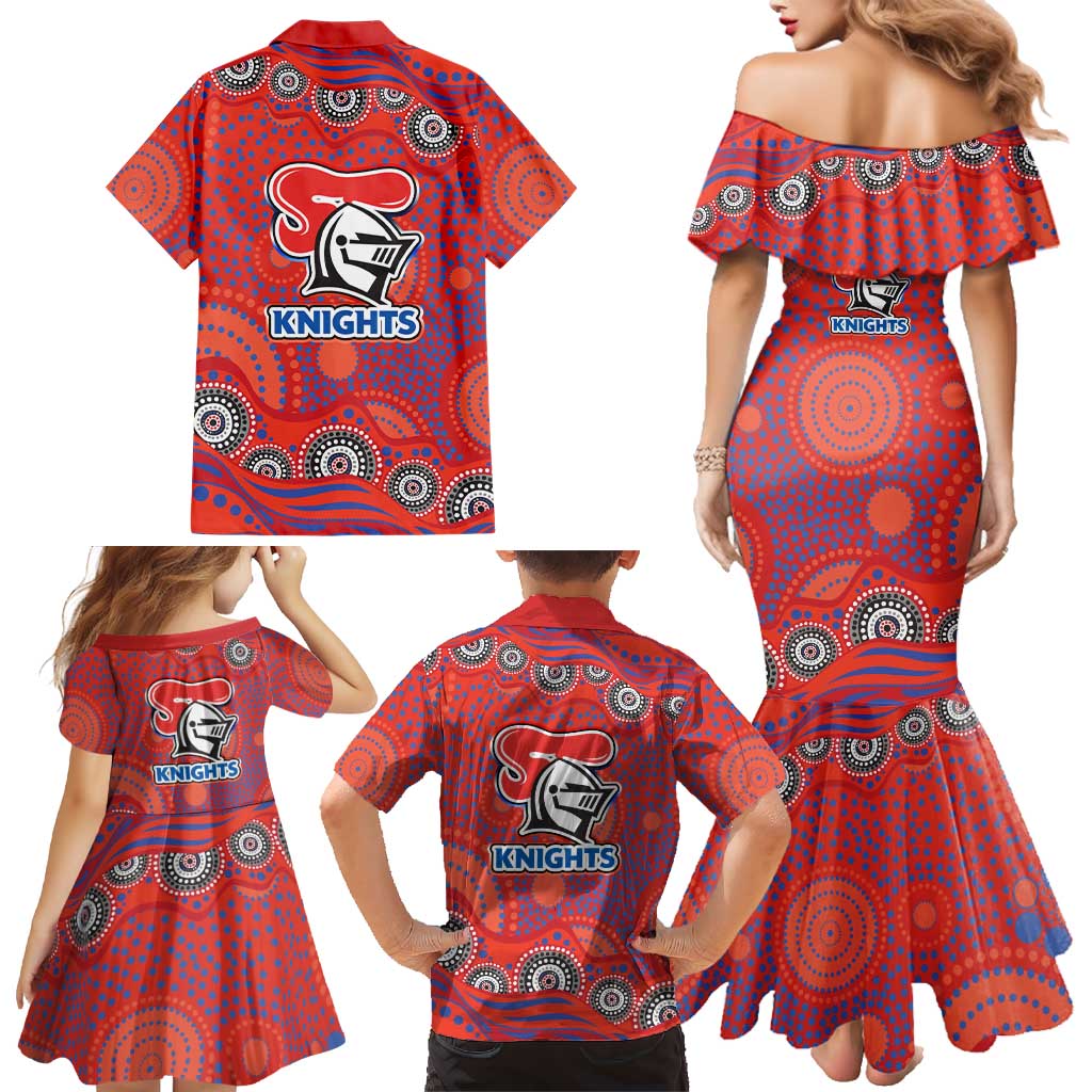 Newcastle Knights Family Matching Mermaid Dress and Hawaiian Shirt Aboriginal Dot Pattern - Rugby Mascot Heritage Pride