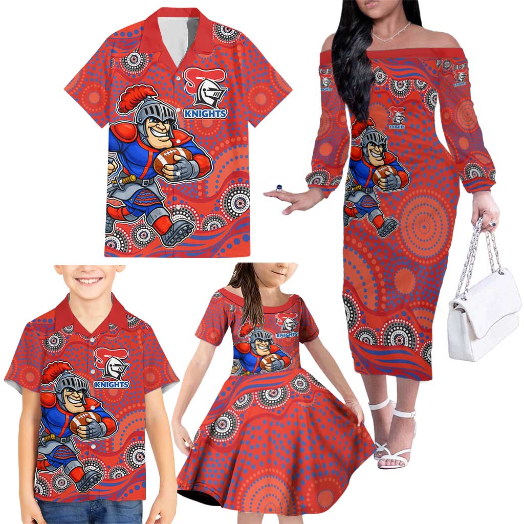 Newcastle Knights Family Matching Off The Shoulder Long Sleeve Dress and Hawaiian Shirt Aboriginal Dot Pattern - Rugby Mascot Heritage Pride