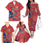 Newcastle Knights Family Matching Off The Shoulder Long Sleeve Dress and Hawaiian Shirt Aboriginal Dot Pattern - Rugby Mascot Heritage Pride