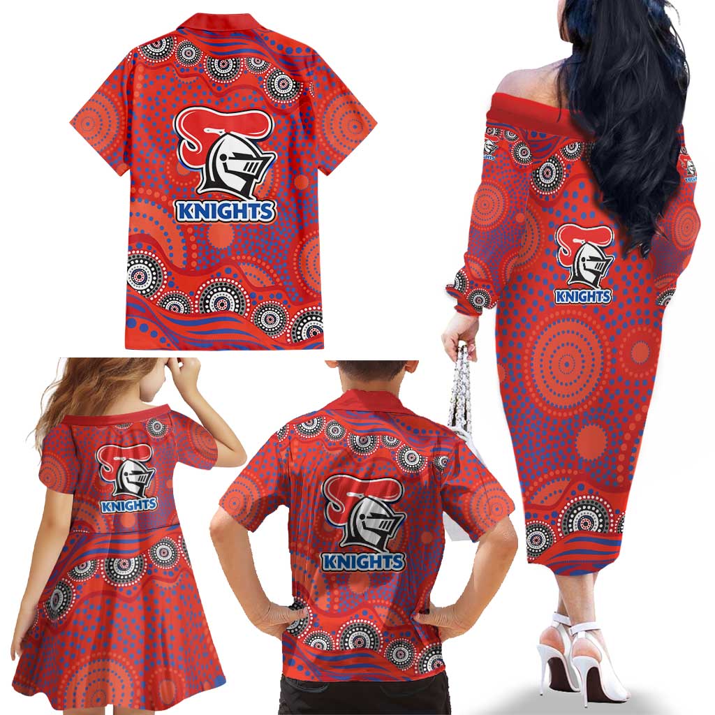 Newcastle Knights Family Matching Off The Shoulder Long Sleeve Dress and Hawaiian Shirt Aboriginal Dot Pattern - Rugby Mascot Heritage Pride
