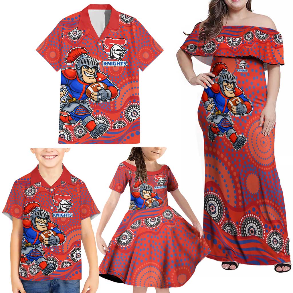 Newcastle Knights Family Matching Off Shoulder Maxi Dress and Hawaiian Shirt Aboriginal Dot Pattern - Rugby Mascot Heritage Pride
