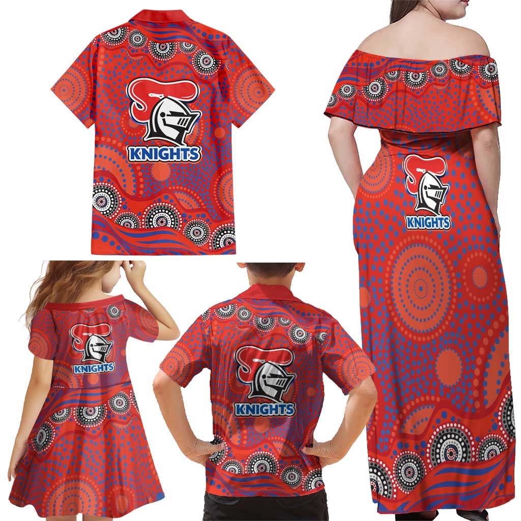 Newcastle Knights Family Matching Off Shoulder Maxi Dress and Hawaiian Shirt Aboriginal Dot Pattern - Rugby Mascot Heritage Pride