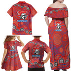 Newcastle Knights Family Matching Off Shoulder Maxi Dress and Hawaiian Shirt Aboriginal Dot Pattern - Rugby Mascot Heritage Pride