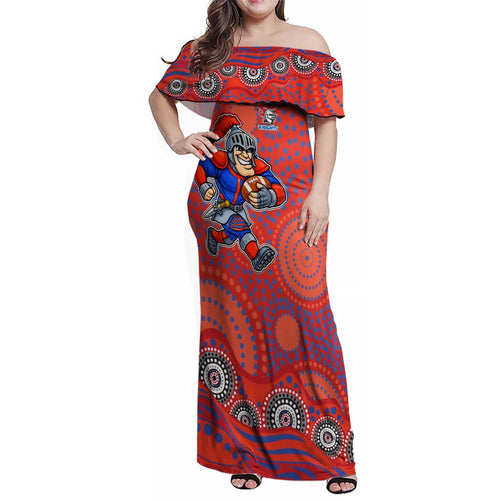 Newcastle Knights Family Matching Off Shoulder Maxi Dress and Hawaiian Shirt Aboriginal Dot Pattern - Rugby Mascot Heritage Pride