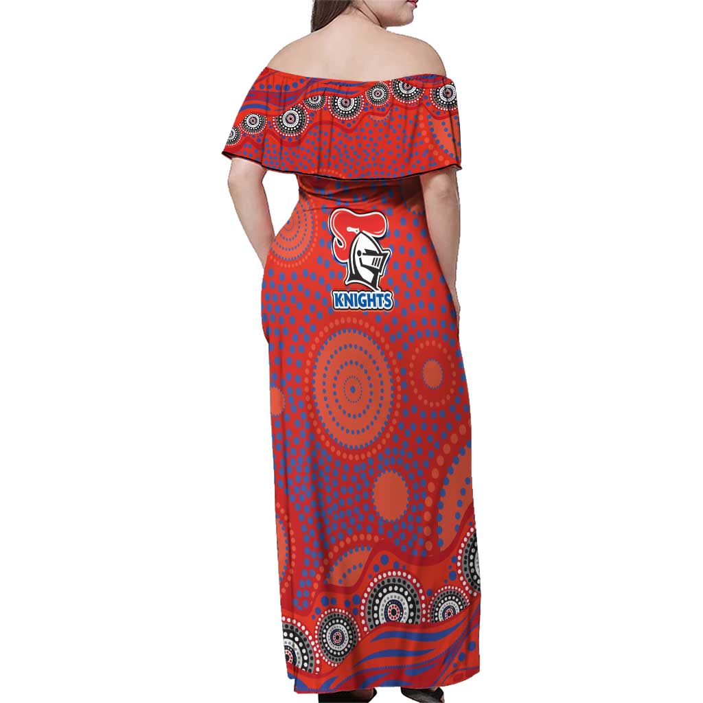 Newcastle Knights Family Matching Off Shoulder Maxi Dress and Hawaiian Shirt Aboriginal Dot Pattern - Rugby Mascot Heritage Pride