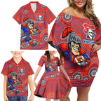 Newcastle Knights Family Matching Off Shoulder Short Dress and Hawaiian Shirt Aboriginal Dot Pattern - Rugby Mascot Heritage Pride