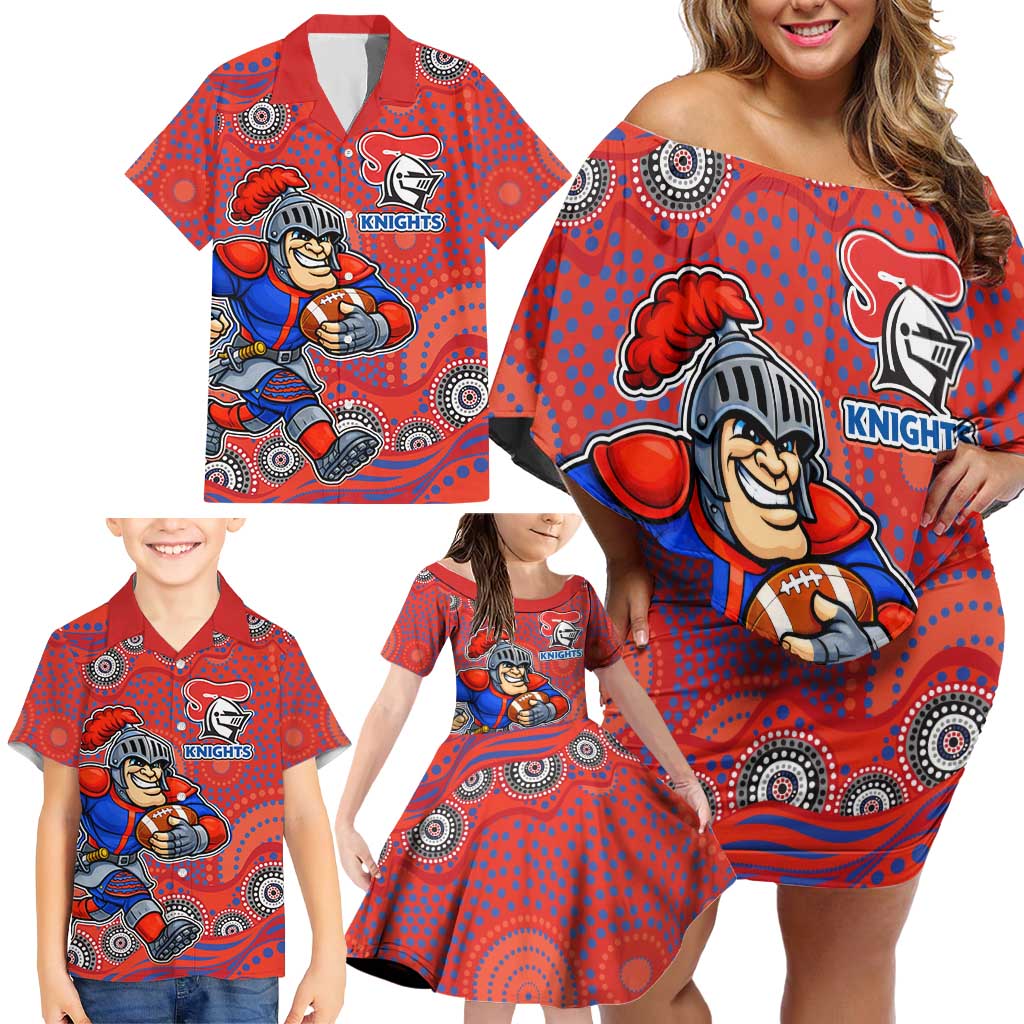 Newcastle Knights Family Matching Off Shoulder Short Dress and Hawaiian Shirt Aboriginal Dot Pattern - Rugby Mascot Heritage Pride