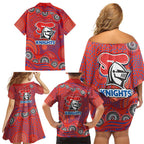 Newcastle Knights Family Matching Off Shoulder Short Dress and Hawaiian Shirt Aboriginal Dot Pattern - Rugby Mascot Heritage Pride