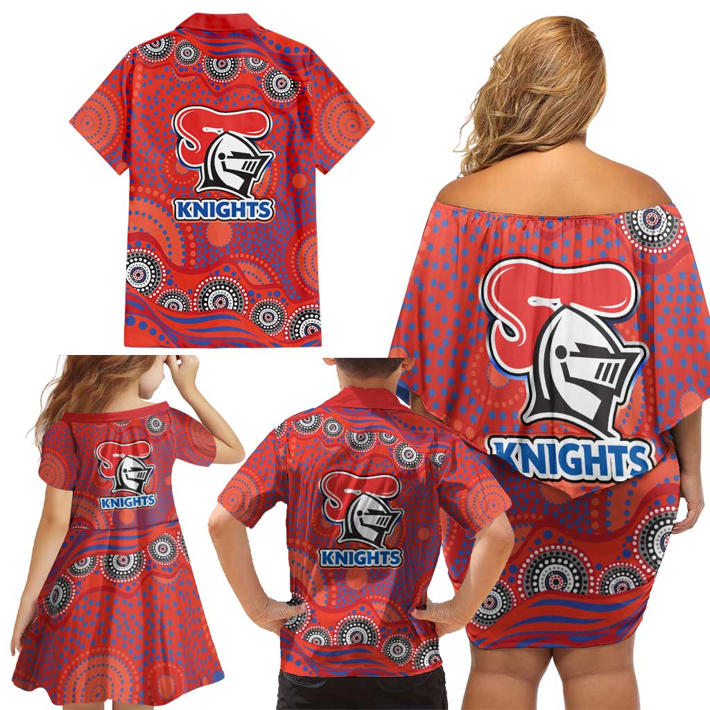 Newcastle Knights Family Matching Off Shoulder Short Dress and Hawaiian Shirt Aboriginal Dot Pattern - Rugby Mascot Heritage Pride