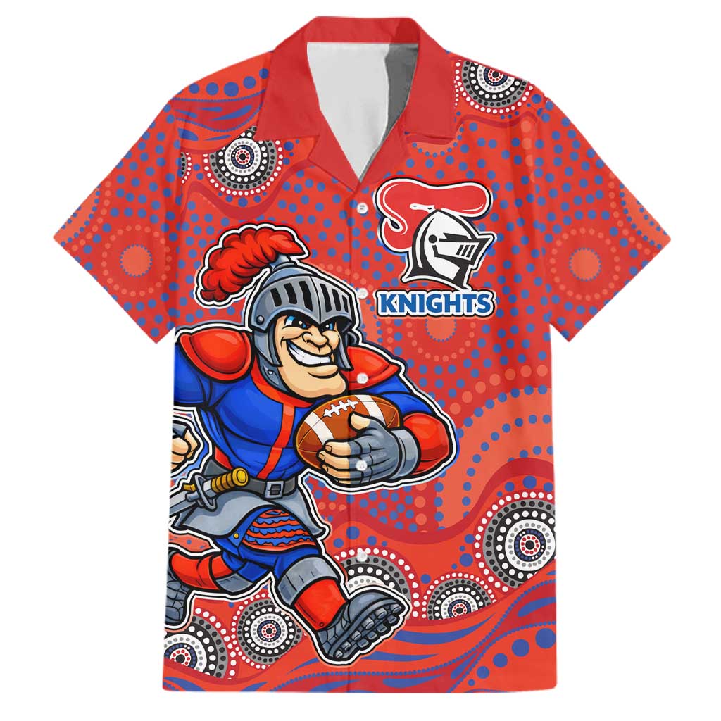 Newcastle Knights Family Matching Off Shoulder Short Dress and Hawaiian Shirt Aboriginal Dot Pattern - Rugby Mascot Heritage Pride