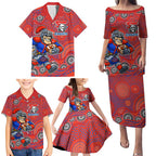 Newcastle Knights Family Matching Puletasi and Hawaiian Shirt Aboriginal Dot Pattern - Rugby Mascot Heritage Pride