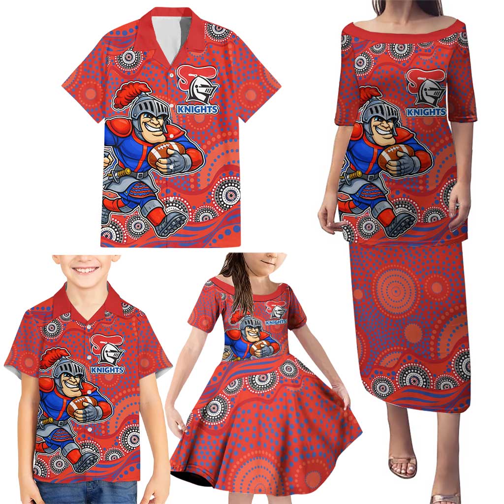 Newcastle Knights Family Matching Puletasi and Hawaiian Shirt Aboriginal Dot Pattern - Rugby Mascot Heritage Pride