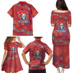 Newcastle Knights Family Matching Puletasi and Hawaiian Shirt Aboriginal Dot Pattern - Rugby Mascot Heritage Pride