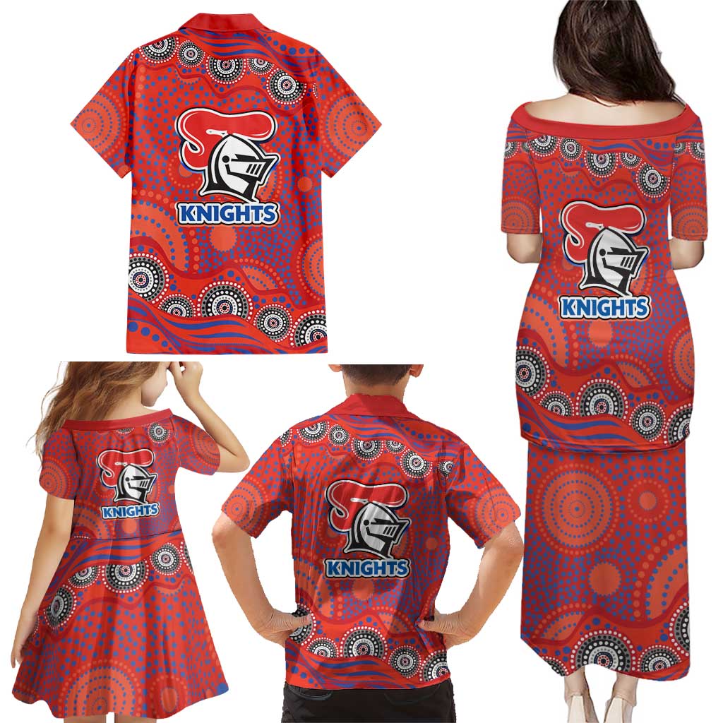 Newcastle Knights Family Matching Puletasi and Hawaiian Shirt Aboriginal Dot Pattern - Rugby Mascot Heritage Pride