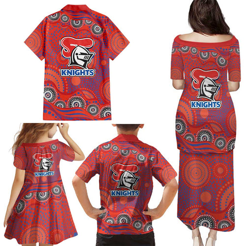 Newcastle Knights Family Matching Puletasi and Hawaiian Shirt Aboriginal Dot Pattern - Rugby Mascot Heritage Pride